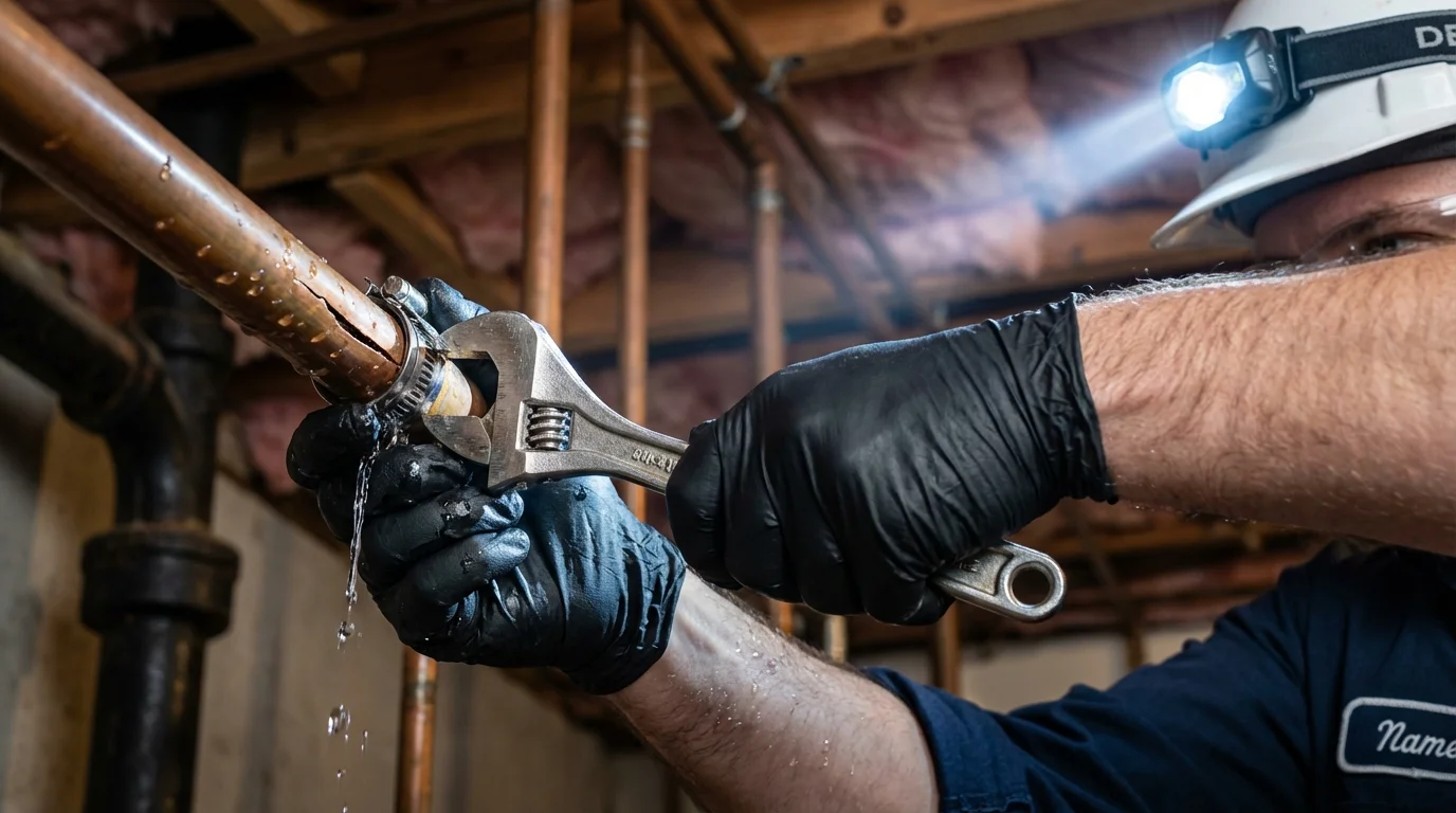 Emergency pipe clamp repair being performed by a Johns Plumbing LLC plumber in Sutton