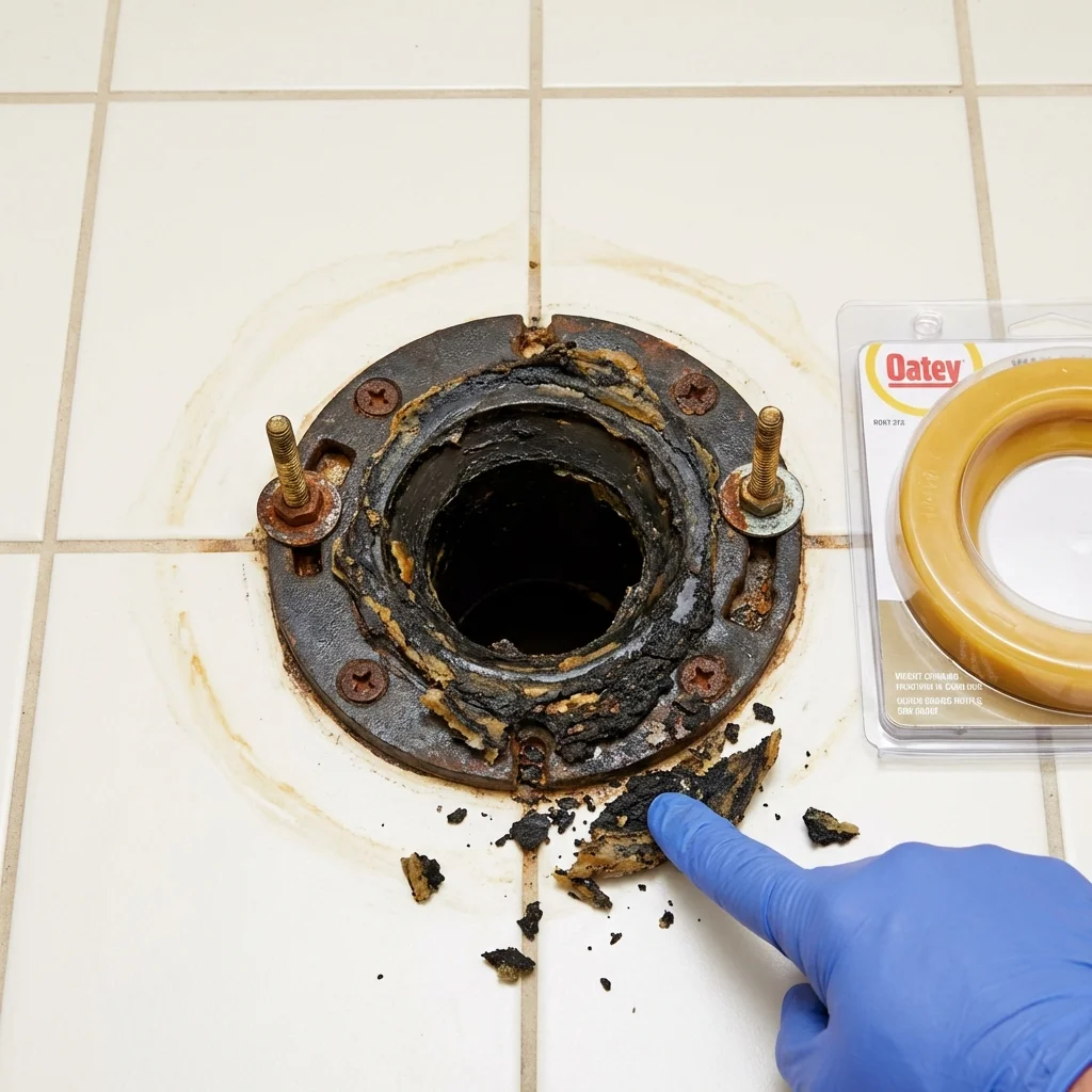 Failed wax ring showing water seepage at the base of a toilet in a Sutton, MA home