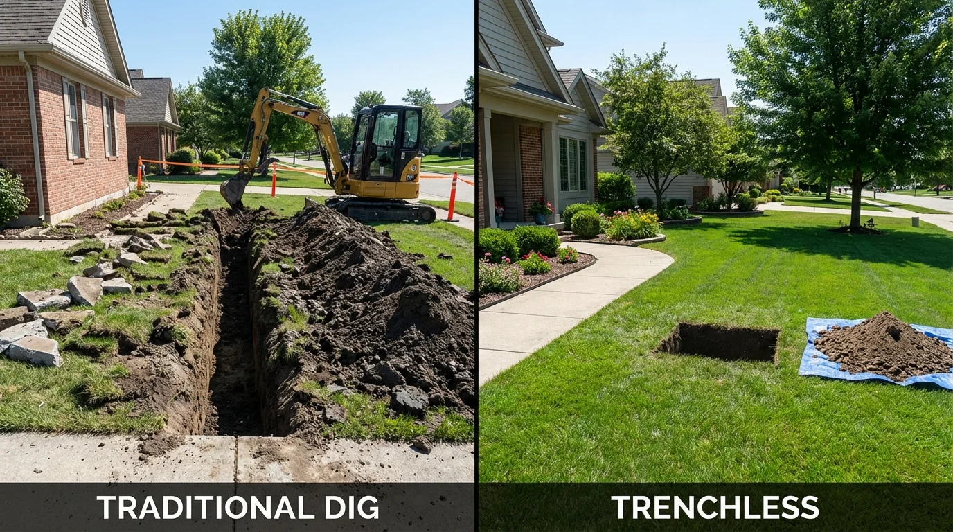 Trenchless sewer repair with minimal yard damage versus traditional excavation in Sutton, MA