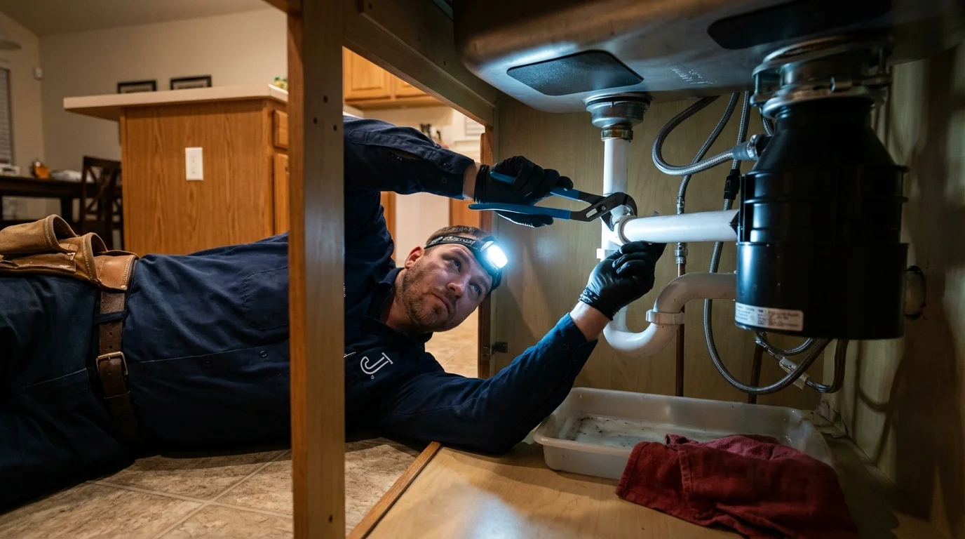 P-trap and supply line connections under a kitchen sink showing a common leak point in Sutton, MA